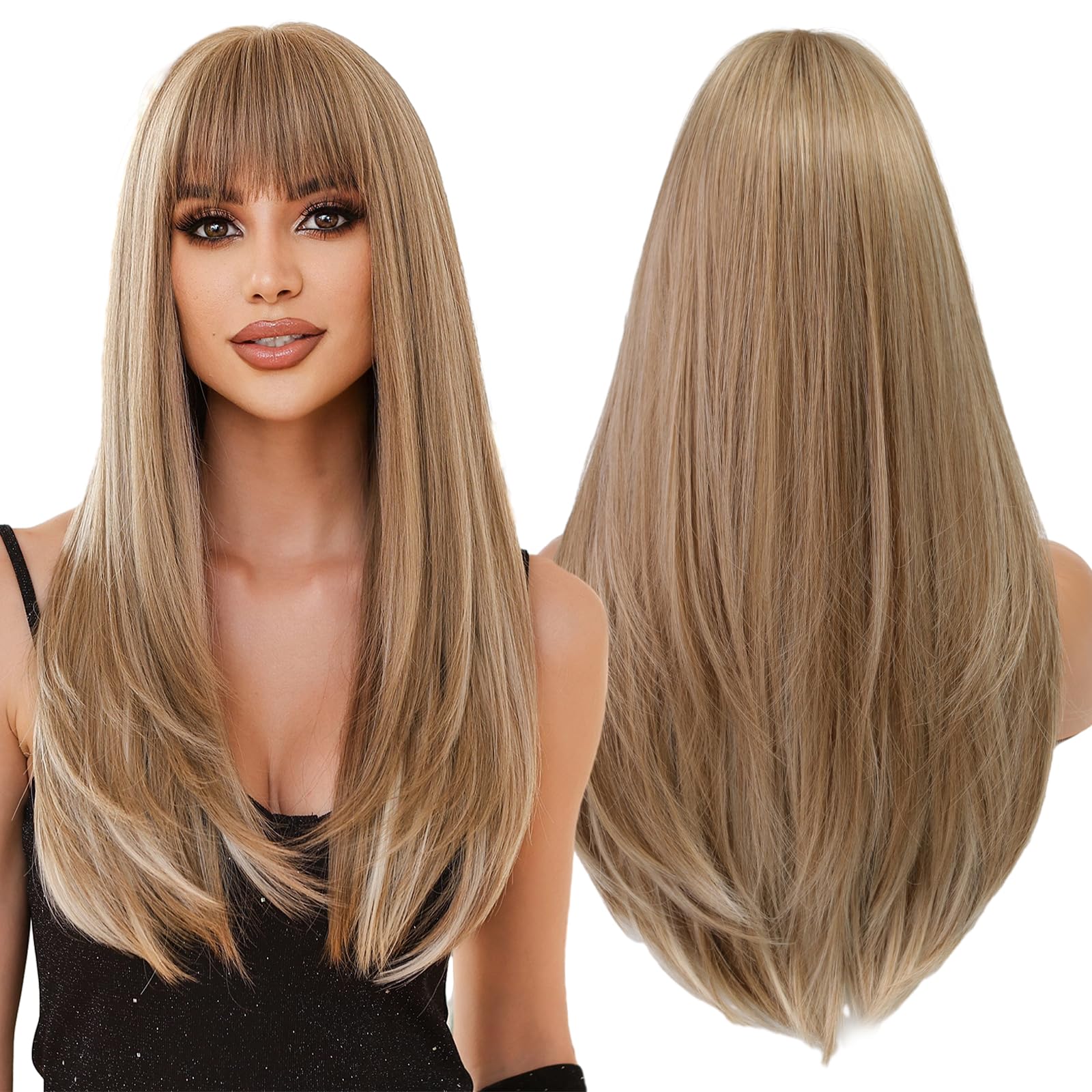 WOKESTAR Blonde Wigs for Women Layered Straight Long Wig with Fringe