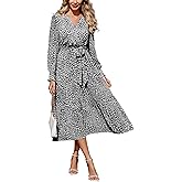 PRETTYGARDEN Women's Floral Boho Dress Fall Long Sleeve Wrap V Neck Ruffle Flowy Maxi Spring Wedding Guest Vacation Dresses