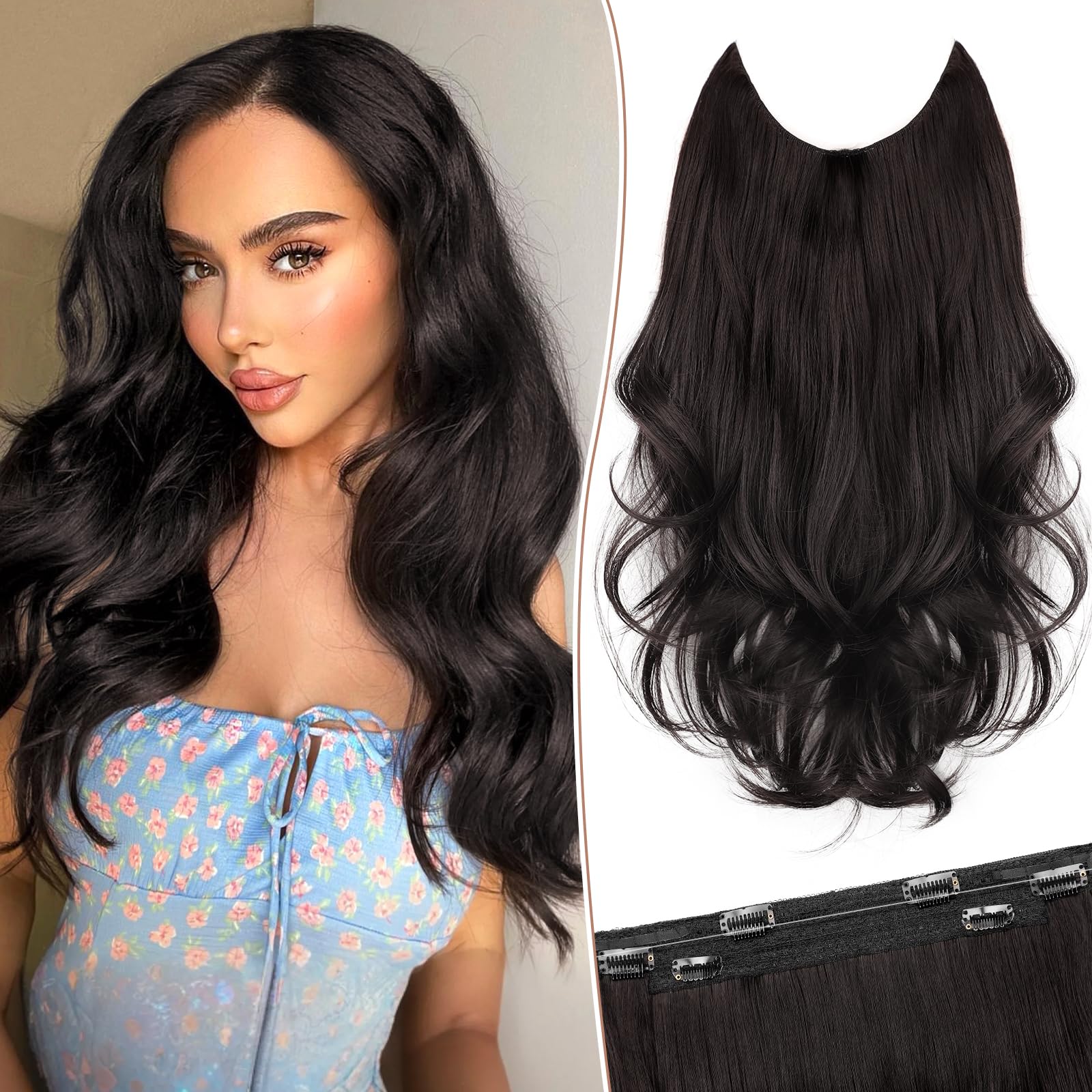 Photo 1 of KooKaStyle Invisible Wire Hair Extensions Long Wavy Layered Synthetic Hair Extensions with Transparent Wire Adjustable Size 6 Secure Clips Dark Brown/6# Hairpieces for Women 16 Inch