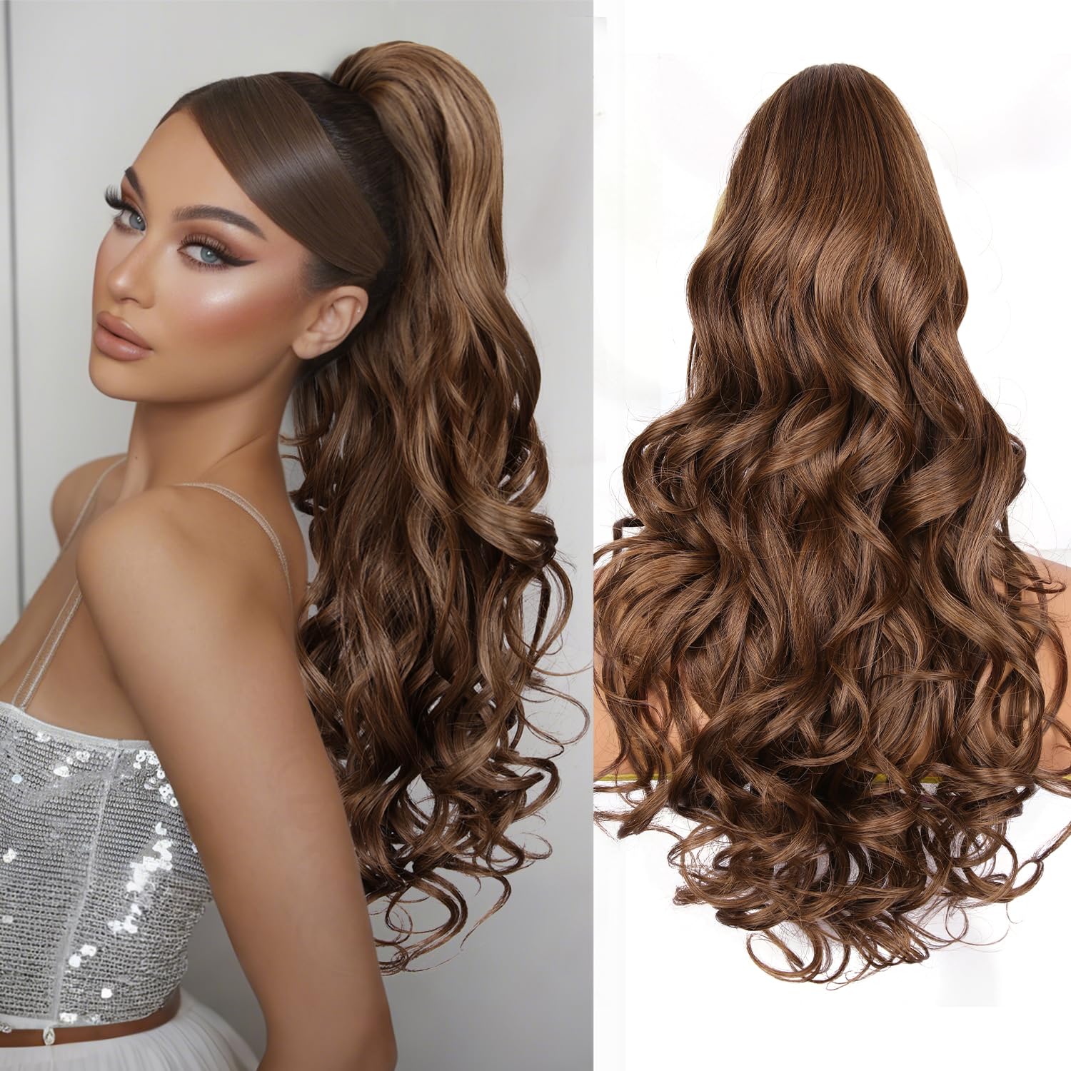 Photo 1 of 24 Inch Ponytail Extension, Clip on Ponytails for Women, Long Curly Wavy Ponytail Extensions for Women, Synthetic Layered Pony Tails Hair Extensions (Color: Medium Brown Mixed Honey Blonde)