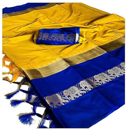 Blue Wish Cotton Silk Designer New Collection Multi-Coloured Saree For Womren (Latest In Fashion) (Blue-yellow)