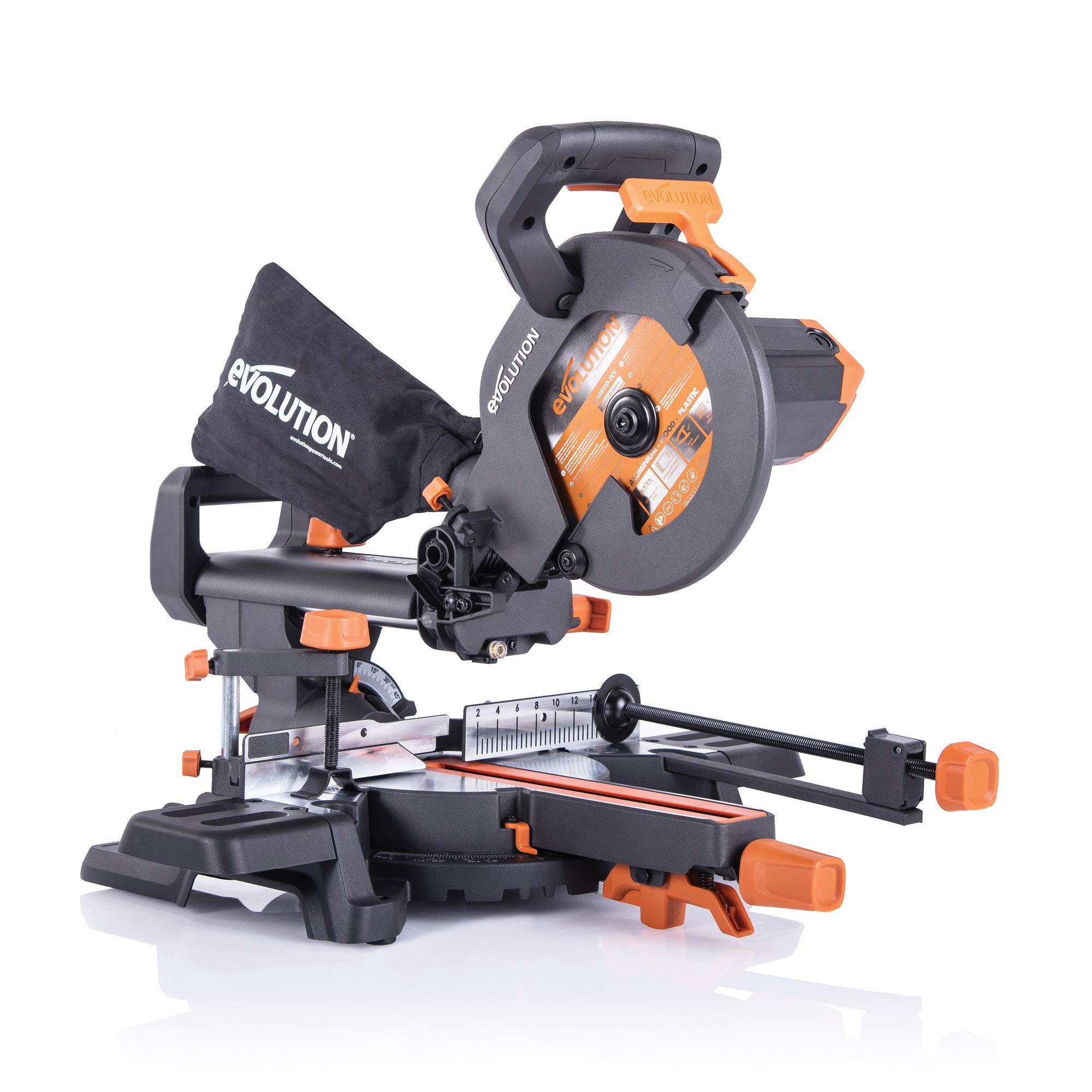 Evolution Power Tools R210SMS+ Sliding Mitre Saw With Multi-Material Cutting, 45° Bevel, 50° Mitre, 230mm Slide, 1500 W, (110 V Industrial Plug)