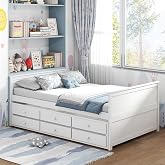 GIANTEX Full Size Bed Frame with Twin Trundle &amp; 3 Storage Drawers, Modern Platform Bed with Headboard &amp; Footboard, Wooden Slats Support Captain Bed for Teens Adults, No Box Spring Needed, White