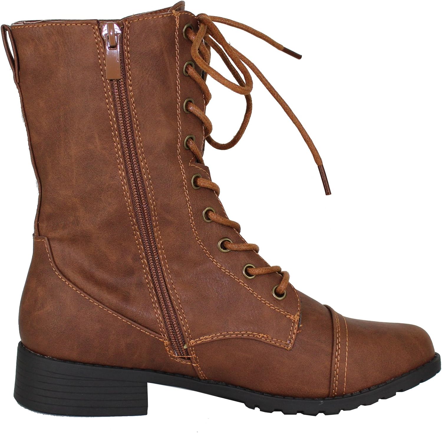  | Forever Link Womens Round Toe Military Lace up Knit Ankle Cuff Low Heel Combat Boots | Ankle & Bootie