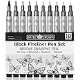 Brite Crown Drawing And Sketching Pens Set - 10 Black Fineliner Pens 0.2mm To 1.0mm Width Tips & 2.5mm Micro Calligraphy Brush-tip Pen, Ideal Gift Idea For Artists And Beginners