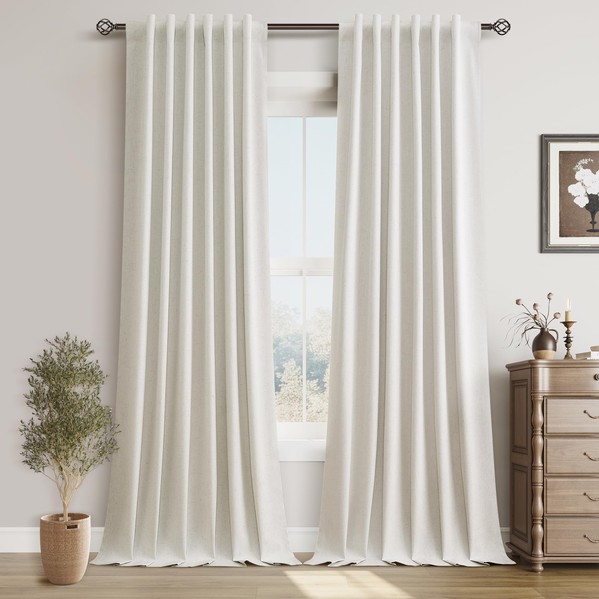 Photo 1 of Guken Cream Natural Beige Blackout Curtains 108 Inch Long 2 Panels Set for Bedroom Linen Back Tab Door Way Privacy Farmhouse Blackout Thermal Insulated Patio Door Curtains for Living Room 52x108