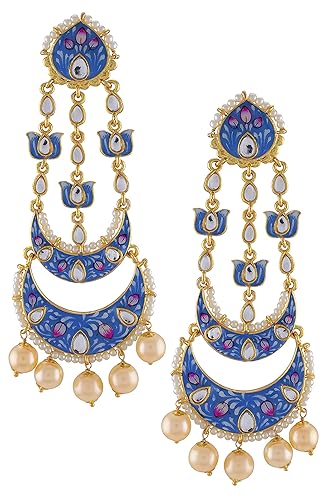 Amrapali Malya Gold Plated Blue White Enamelled Lotus Pearl Moon Earrings for Women (BM(EER)17-32)