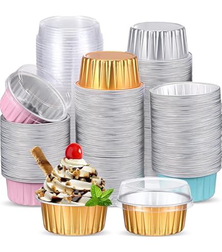 AYSUM 200 Pack Aluminum Foil Baking Cups - 5oz Disposable Ramekins With Lids For Cupcakes & Desserts