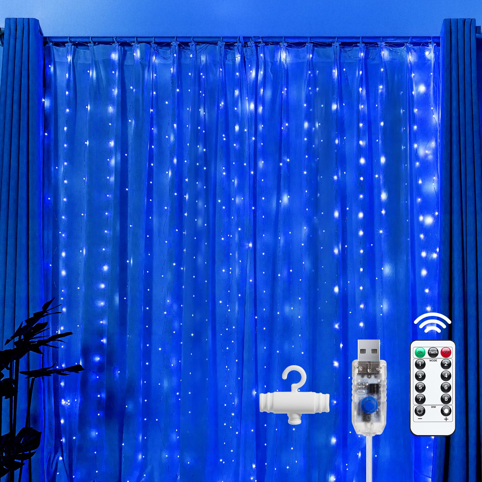 Photo 1 of Brightown 300 LED Fairy Curtain Lights, 9.8ft x 9.8ft Curtain String Lights, USB Plug in 8 Lighting Modes LED Christmas String Hanging Lights with Remote for Bedroom Indoor Outdoor Weddings Party Xmas