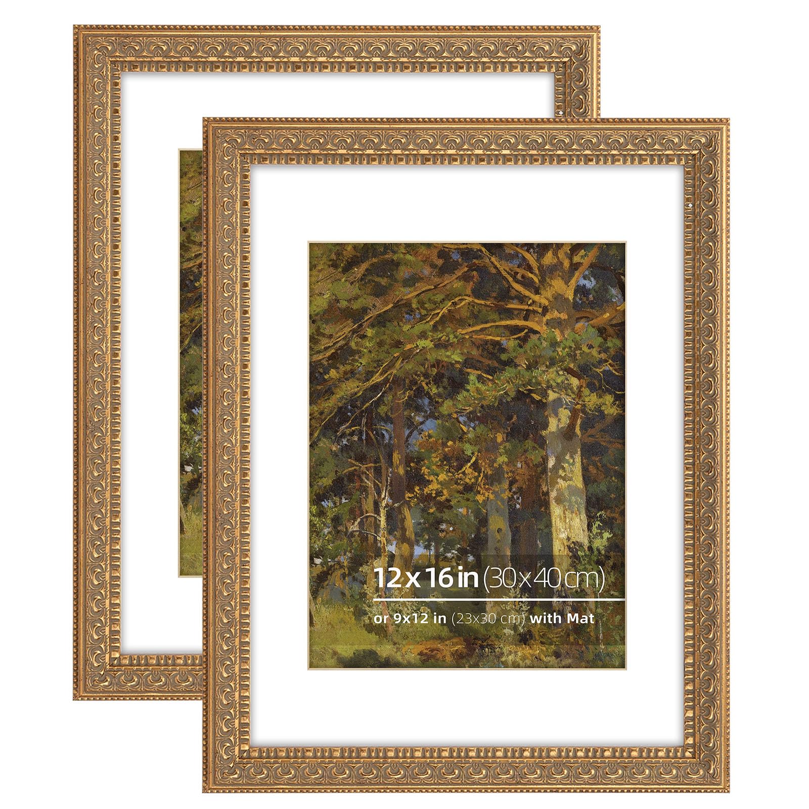 Eitida 12x16 inches Antique Gold Ornate Picture Frame, With Mat for 9x12 inches photos, Plexi glass Protection, 2 Pack