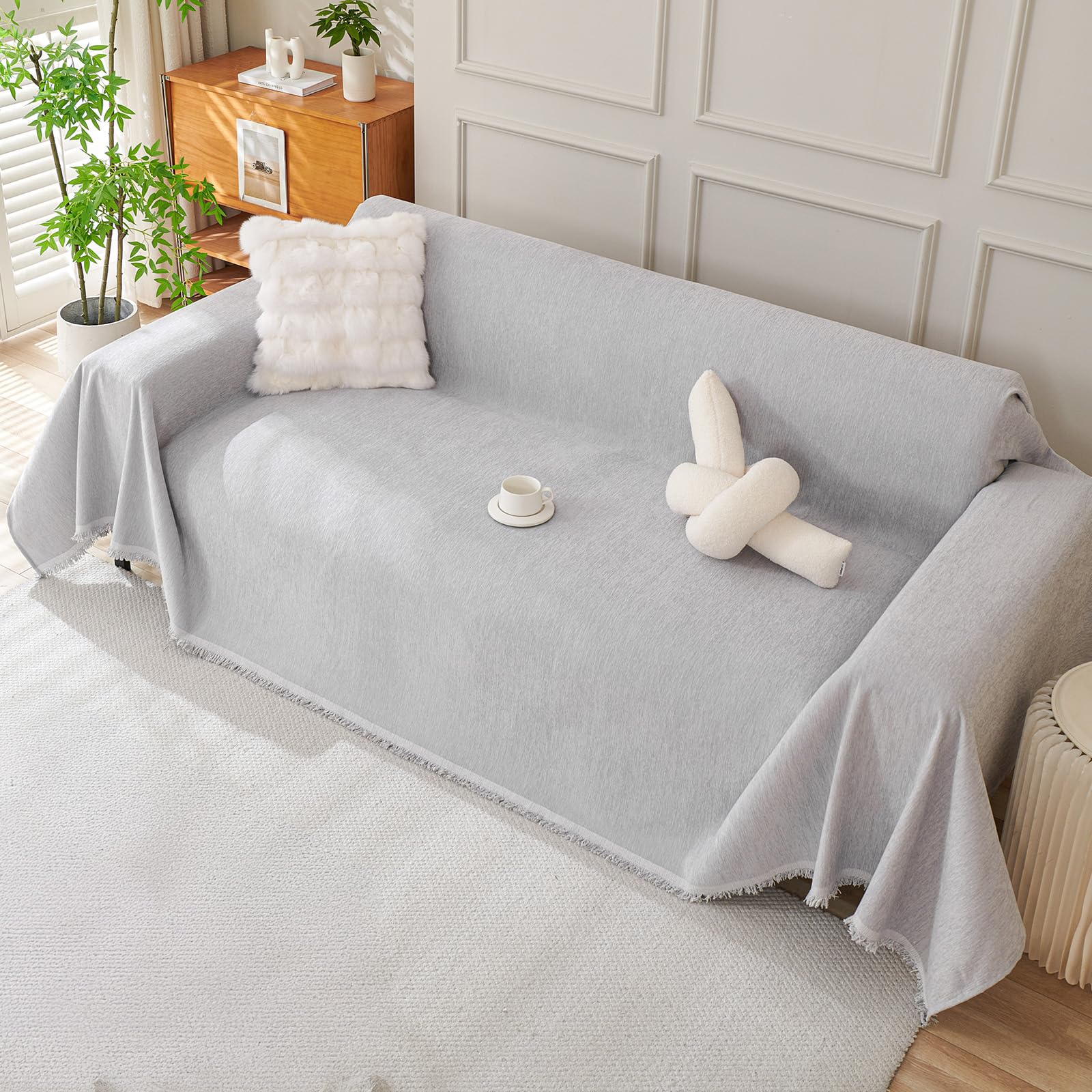 Royhom Chenille Sofa Covers 3 Seater, Corner Sofa Cover L Shape, Washable Couch Cover with Tassel, Soft Couch Covers for Dogs, Breathable, All-season Universal (Light Grey, 180x340cm)