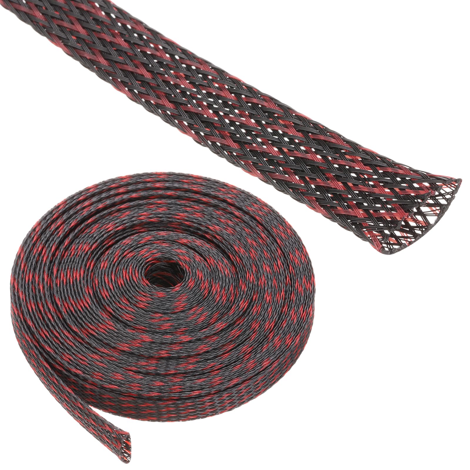 Rebower 25ft PET Expandable Wire Loom 1 Inch, PET Braided Wire Sleeving Cable Management Sleeve Tubing [for Audio Video Home Office Cord Protector]-Black, Red