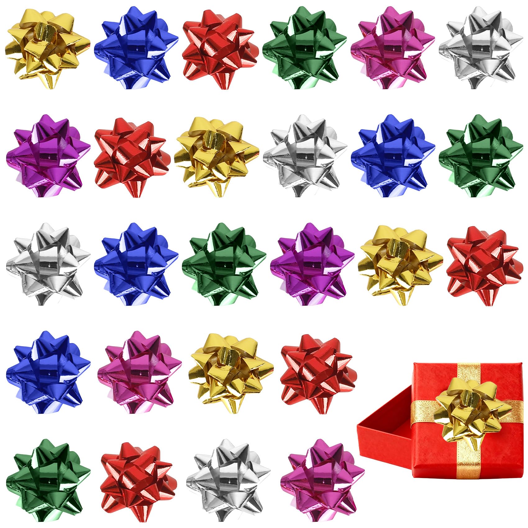 Photo 1 of 100 Pcs Gift Bows 1.5 Inch Christmas Gift Bows Mini Gift Wrap Bows Metallic Star Bow Multicolor Adhesive Presents Bows for Christmas Holiday Wedding Birthday Party Decorations DIY Gift Wrapping