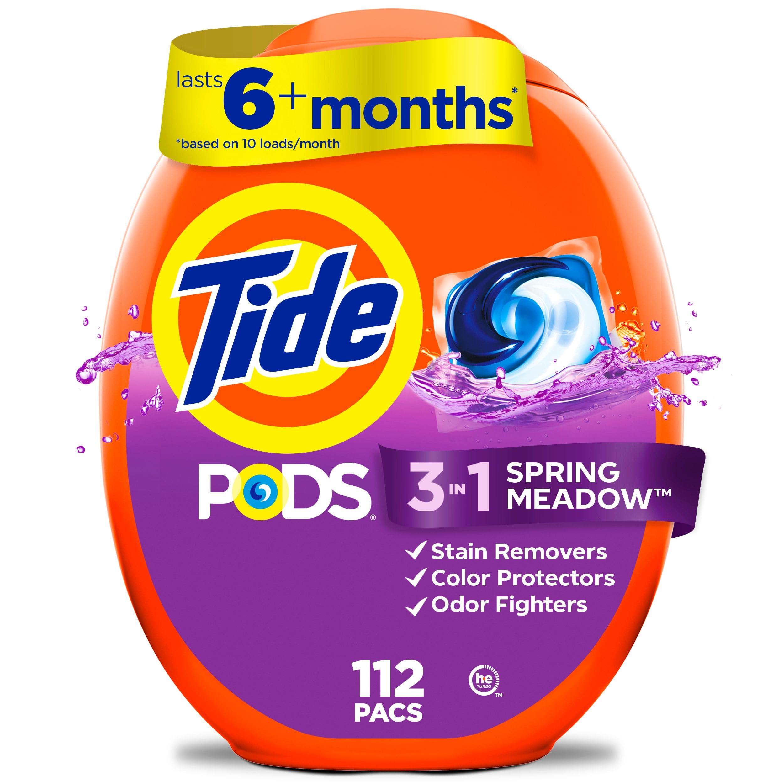 Tide PODS laundry detergent pacs, 3-in-1 Stain Remover, Odor Fighter, Color Protector, 112 Count, HE compatible, Spring Meadow Scent