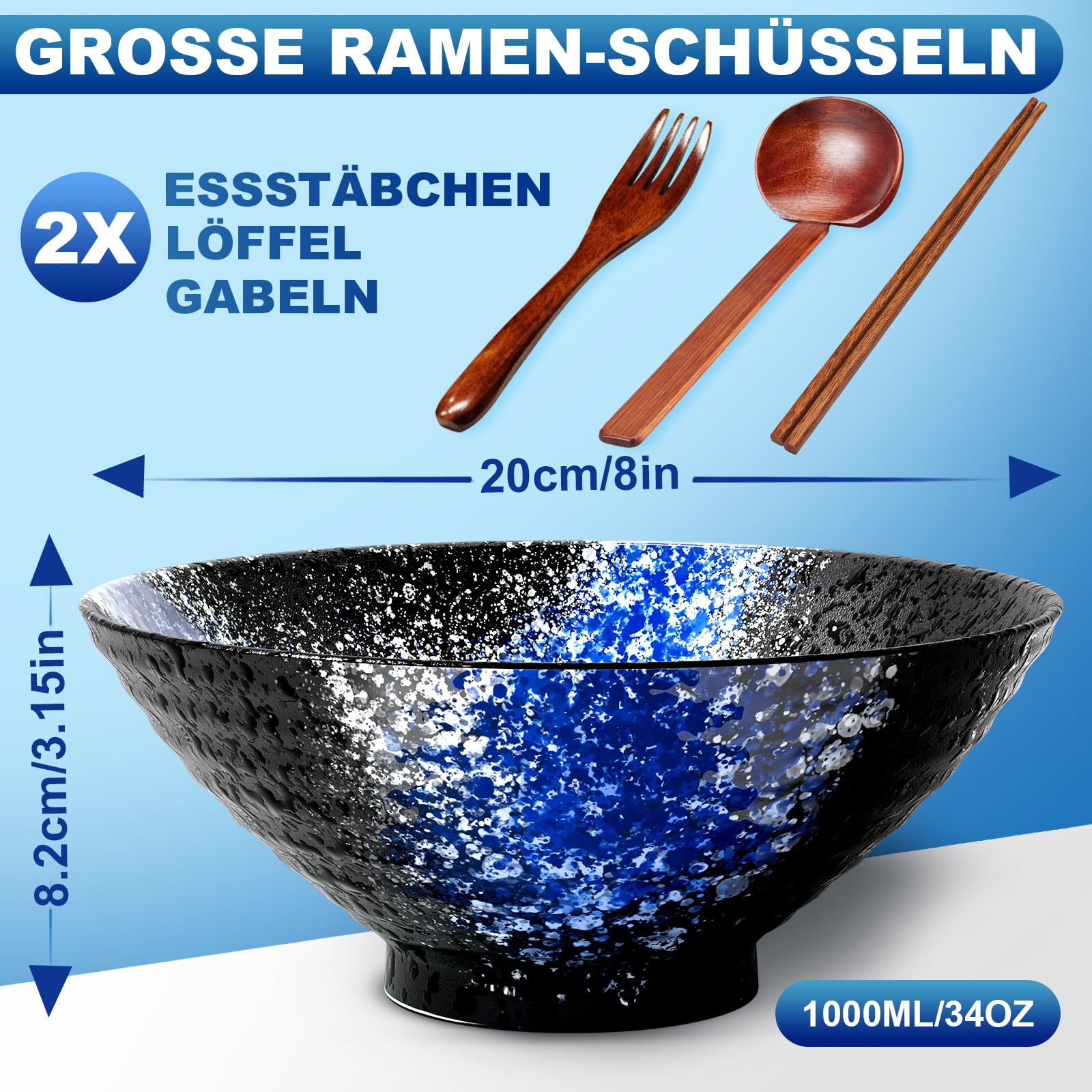 8 Zoll Keramik Große Ramen Schüssel 2 Set(9-Teilig) - Spülmaschinenfest Japanisches Porzellan Geschirr mit Gabel Essstäbchen Löffel und Rezepte für Nudeln Suppen Getreide Geschenke für neuen Häusern 2