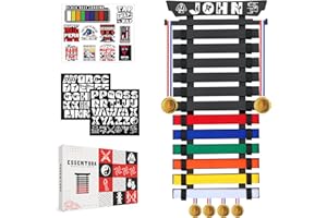 ESSENTURA 10 & 12 Belts Karate Belt Display Rack, Pure Bamboo Wood, Themed Stickers, Medal Hangers - Taekwondo Belt Display, Jiu Jitsu, BJJ, Martial Arts