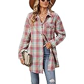 Bozanly Oversized Mid Long Plaid Flannel Shirts for Women Lapel Long Sleeve Check Blouse with Pockets