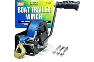 Boat Trailer Winch with Strap and Hook, Manual Hand Crank Winch, Heavy Duty One-Speed Ratchet Gear, for Pulling Boat Parts, T