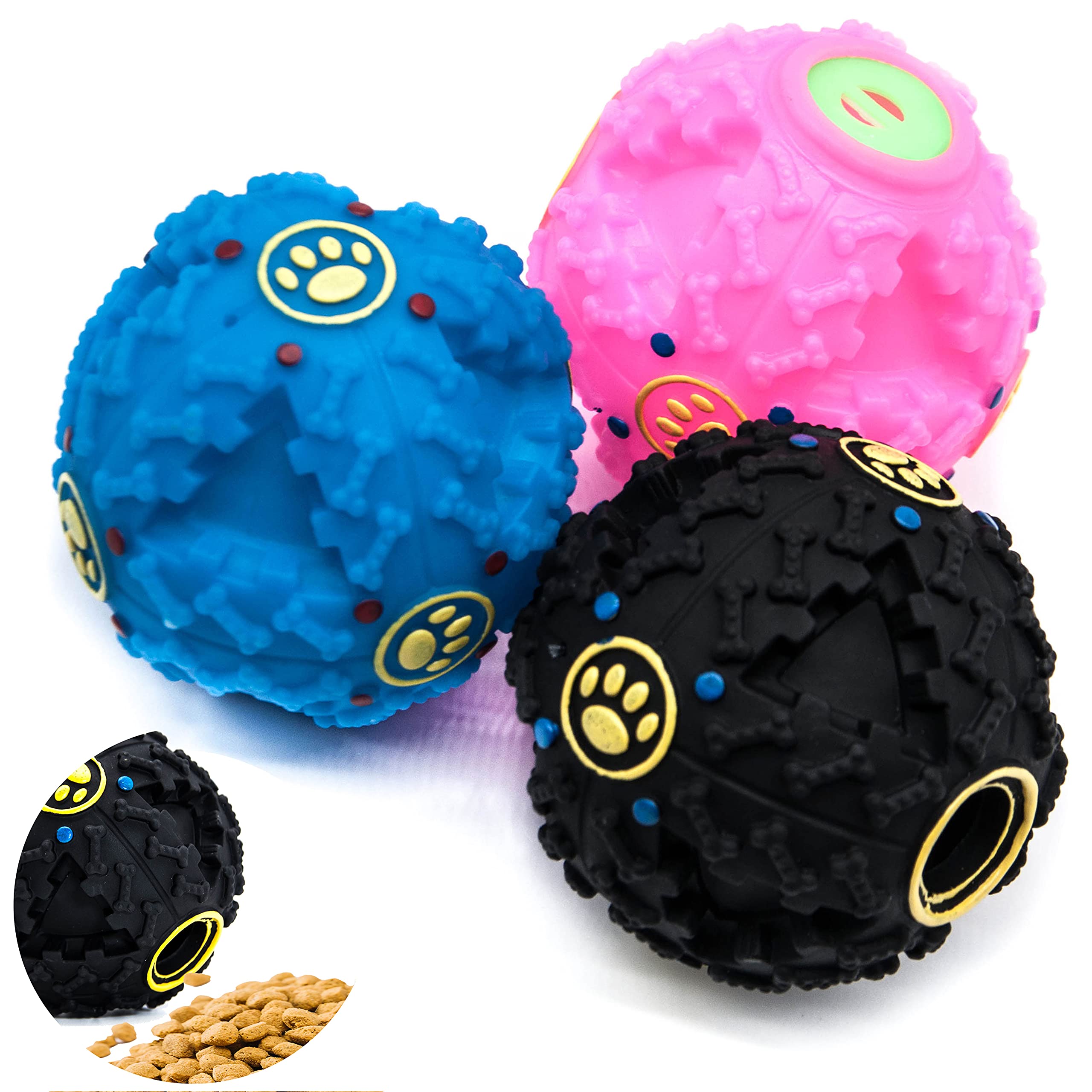 Petopedia 3x Dog Balls – 8 cm – Giggle Ball – Treat Dispensing, Interactive Toys for Boredom – Exciting Sound, Dogs Treats Toy, Teeth Cleaning, Bite Resistant, Puppy Chew (Black, Pink & Blue)