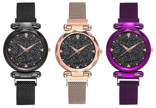 Analogue Girls' Watch (Black Dial Black, Purple & Copper Colored Strap) (Pack of 3)