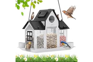 YYWMWM Solar Bird Feeders House Outside Hanging Metal Wild Bird Feeder Outdoors Large Cardinal Bird Feeder Birdhouses Squirrel Proof White