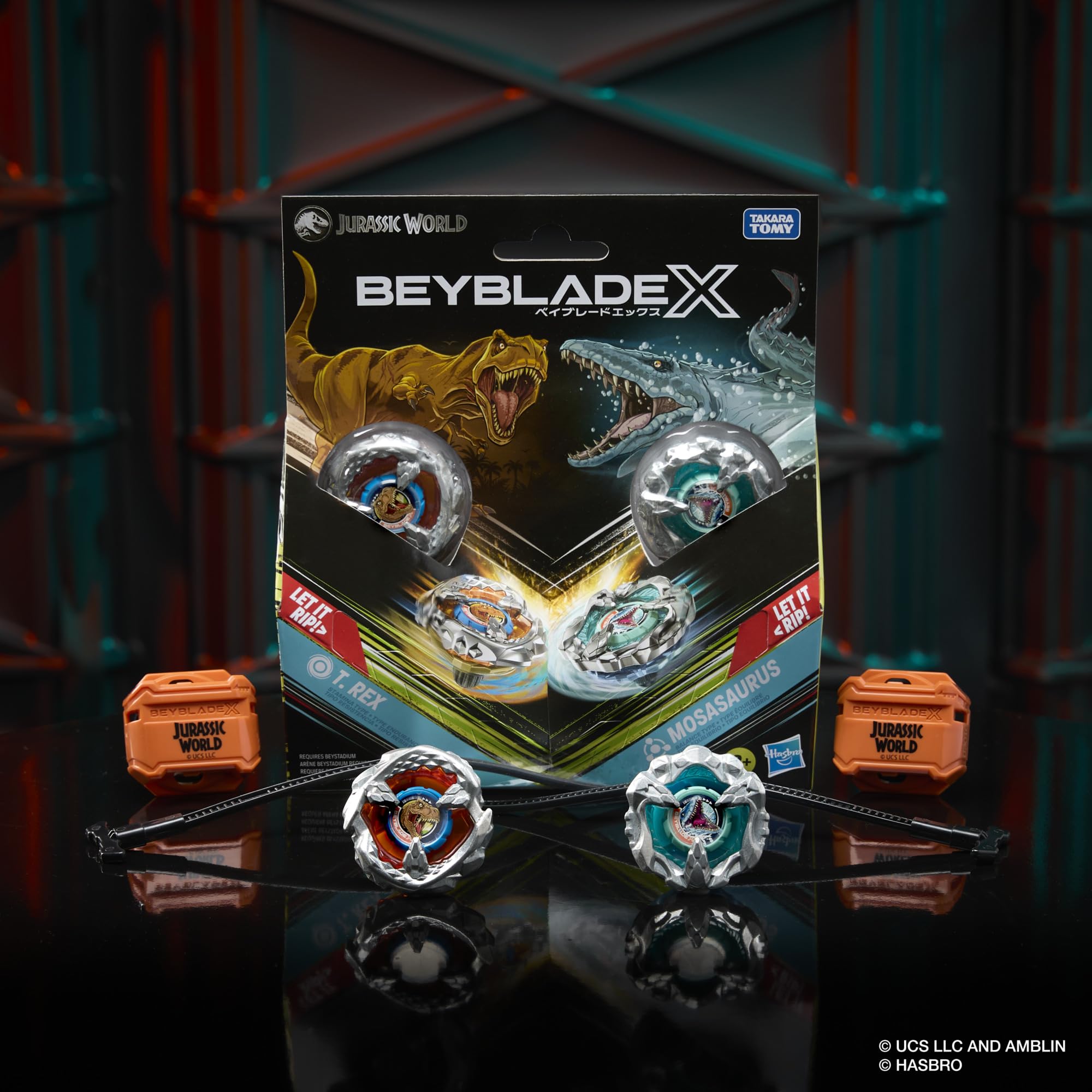 Beyblade X Jurassic World Collab T. Rex vs. Mosasaurus Multipack Set, 2 Takara Tomy Tops, 2 launchers, Battling Top Game, Dinosaur Toys, Ages 8+