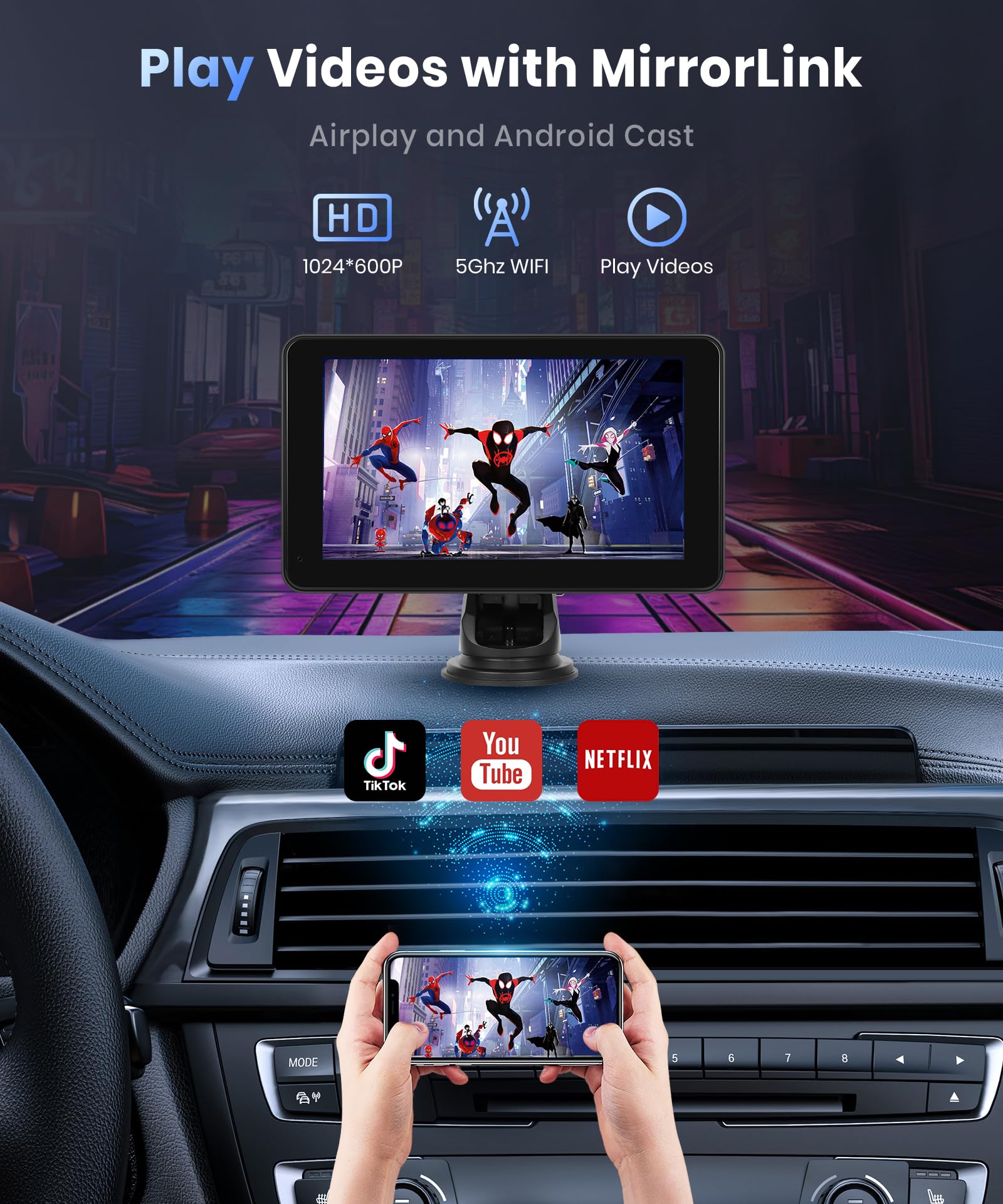 podofo Wireless Carplay Screen for Car,7inch 1080P HD IPS Touch Screen Portable Car Radio Audio Receivers, Wireless Android Auto Screen 2 Mount/2 Bluetooth/MirrorLink/GPS/Voice Control/AUX/FM Transmit
