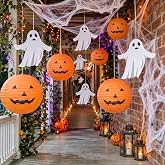 Gerrii 23 Pcs Halloween Ceiling Hanging Decoration Set Indoor Outdoor | 12 Floating Ghosts, 6 Pumpkin Lanterns, 4 Spider Webs, Halloween Party, Hallway, Haunted House, Office, Classroom Decor