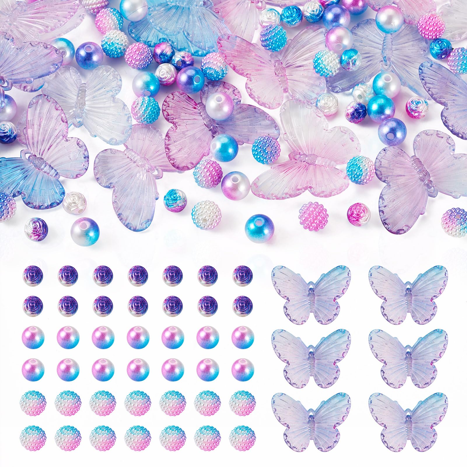 Beadthoven 100pcs Acrylic Beads Blue Purple Butterfly Rose Round Berry Imitation Pearl Beads Bulk for DIY Bracelets Necklaces Key Chains Jewelry Making, Hole: 1~2mm — image 1