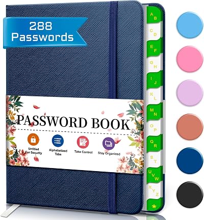 BLESWIN Password Book with Alphabetical Tabs Hardcover Small 288 Passwords Dark