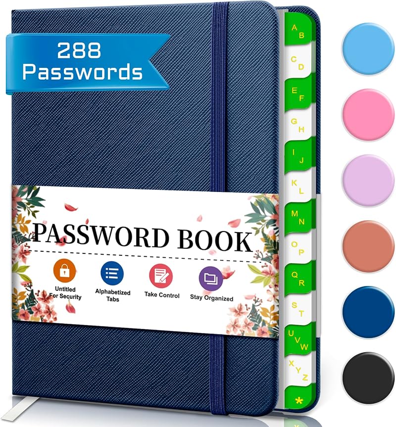 BLESWIN Password Book with Alphabetical Tabs Hardcover Small 288 Passwords Dark