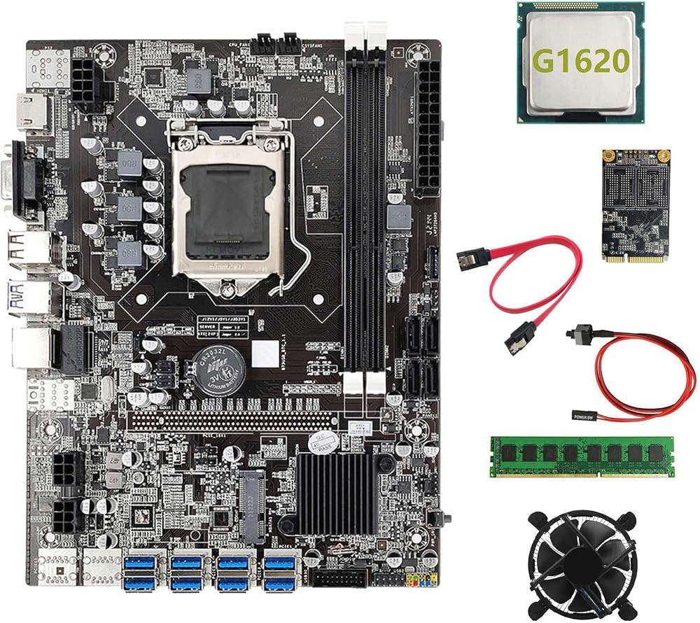 Lodokdre B75 BTC Miner Motherboard G1620 CPU 4G RAM 128G SSD 8 USB Fan Cable