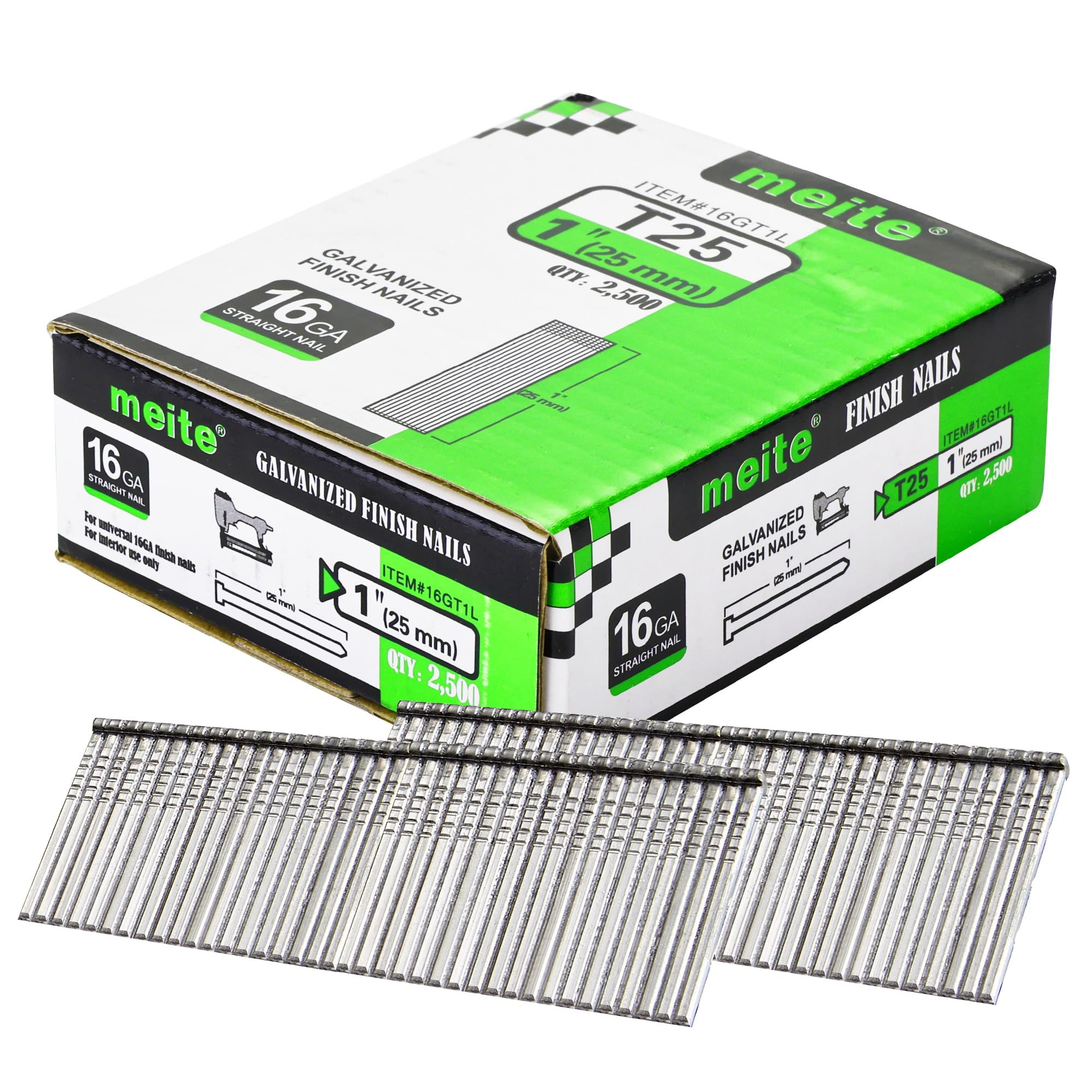 meite T25 16 Gauge Finish Nails, 25 mm 16GA Straight Finish Nails Galvanized Finishing Nail for Nailer Guns - Ideal for Woodworking, Upholstery, and Framing Projects (2,500 Counts)