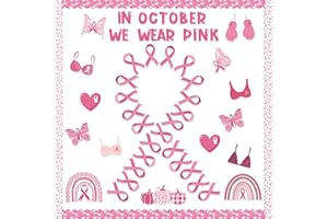 CPicdn 123Pcs Pink Ribbon Breast Cancer Awareness Bulletin Board Classroom Decoration Set, Pink Ribbon Cutouts Name Tags Border Trim Charity Event Decor Office School Chalkboard Wall Supplies