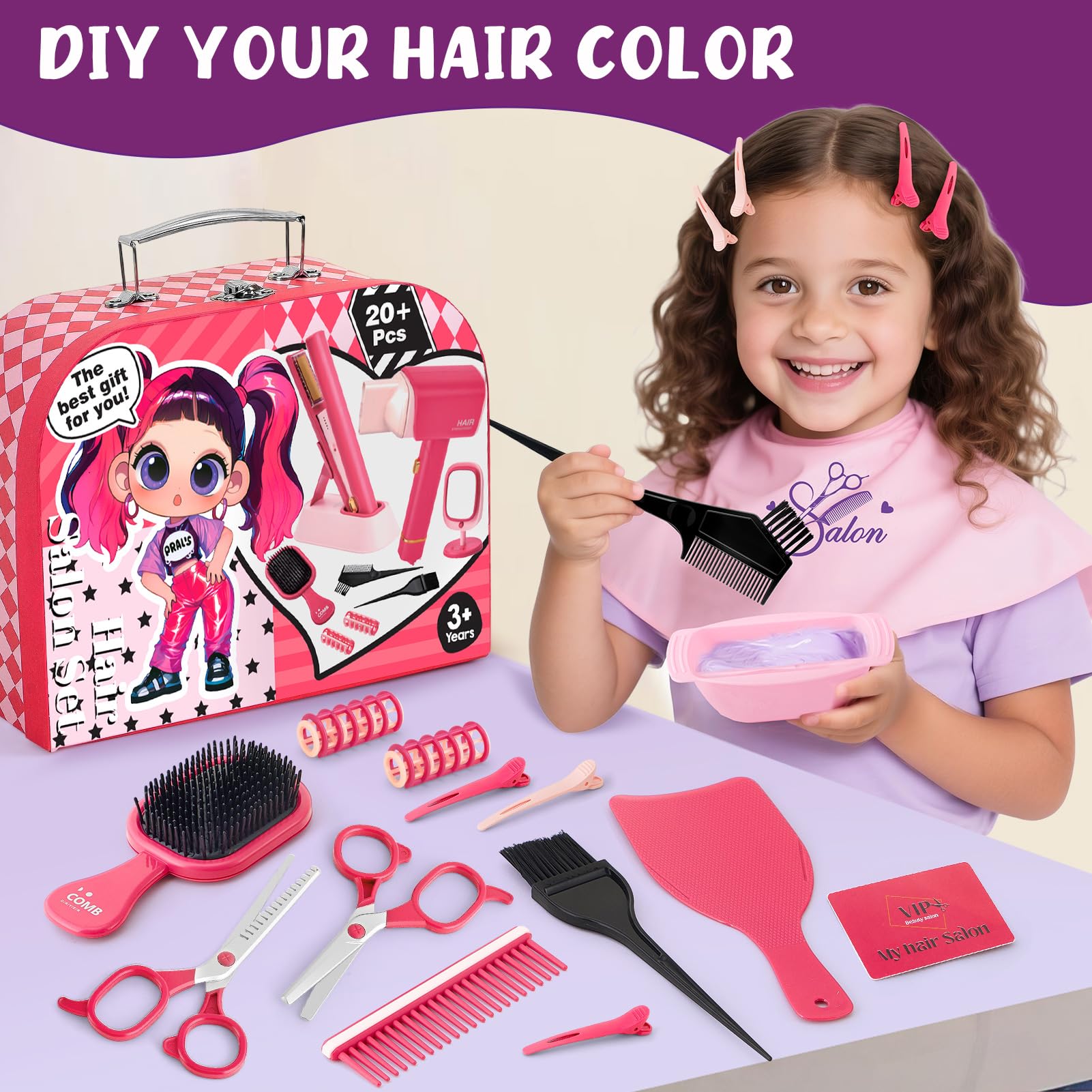 Toylink Friseur Set Kinder Mädchen Spielzeug mit Kinderfön, Haarglätter, Spiegel, Schere, Schürze und Frisierkoffer, Rollenspiel Spielzeug für Mädchen 3 4 5 6 7 8 Jahre 5