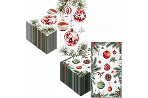 Christmas Paper Napkins Decorative Red Ornaments and Pine Design 4.3x7.9 Holiday Dinner Size Disposable Paper Napkins Red Gre