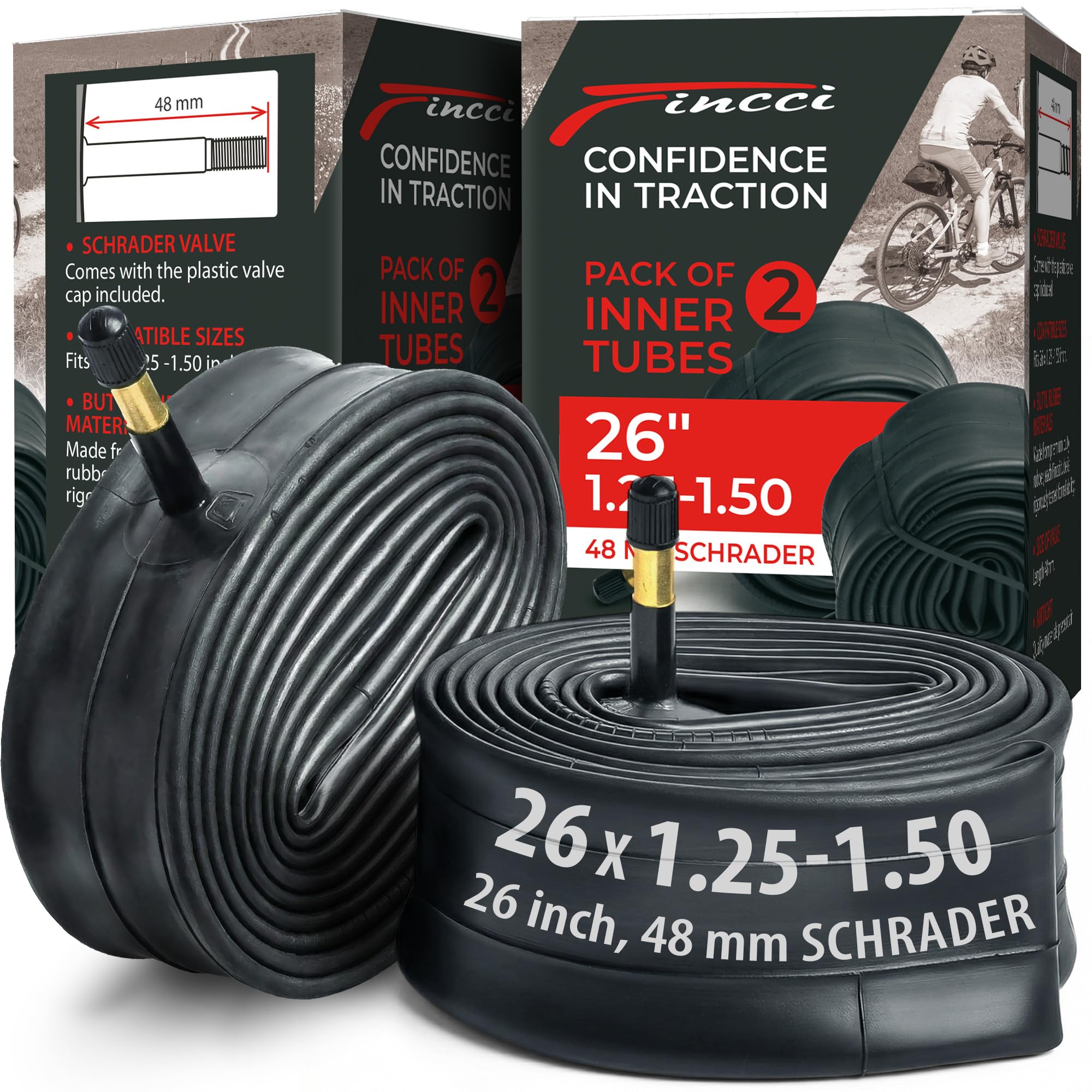Fincci Pair 26 x 1.25 x 1.35 x 1.50 Bike Inner Tubes - 26 Inch Inner Tube with Automotive 48mm Schrader Valve for City, Road, Mountain Bike, Cross Country, MTB, Road and City Bicycle - Pack of 2