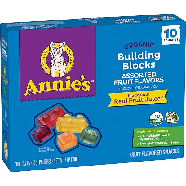 ANNIE’S ORGANIC BUILDING BLOCKS FRUIT FLAVORED SNACKS, ASSORTED FRUIT FLAVORS, GLUTEN FREE, 10 POUCHES, 7 OZ
