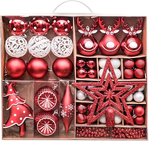 Victors Workshop 92pcs Boules De Noël Boules De Noël Ensemble Décoration De Boules De Noël Incassable En Plastique Rouge Et Blanc Cadeaux De
