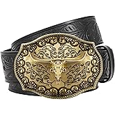 JASGOOD Western Leather Cowboy Belt for Men Women Longhorn Buckle Cowgirl Belt Floral Engraved Embossed Unisex Belt for Jeans