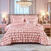 MOVE OVER Pink Satin Comforter Set King Size 8 Pieces Bed in a Bag Farmhosue Shabby Chic Waterfall Ruffle Comforter Set Luxury Silk Like Satin Bedding Set Boho Chic Satin Ruffled Comforter Sets