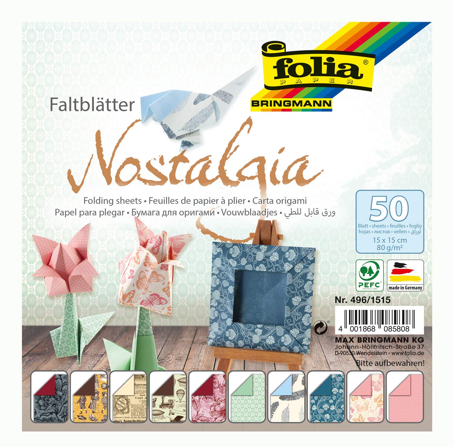 folia Nostalgia 496/1515 Folding Sheets 15 x 15 cm 80 g/m² 50 Sheets Assorted in 10 Designs Ideal for Beautiful Folding Figures and Shapes — image 1
