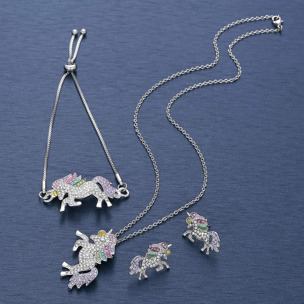 WURUIBO 3 PCS Rainbow Unicorn Jewelry Set for Girls, Fashion Necklace Earring Bracelet Crystal Rhinestone Set(Jewelry Set)