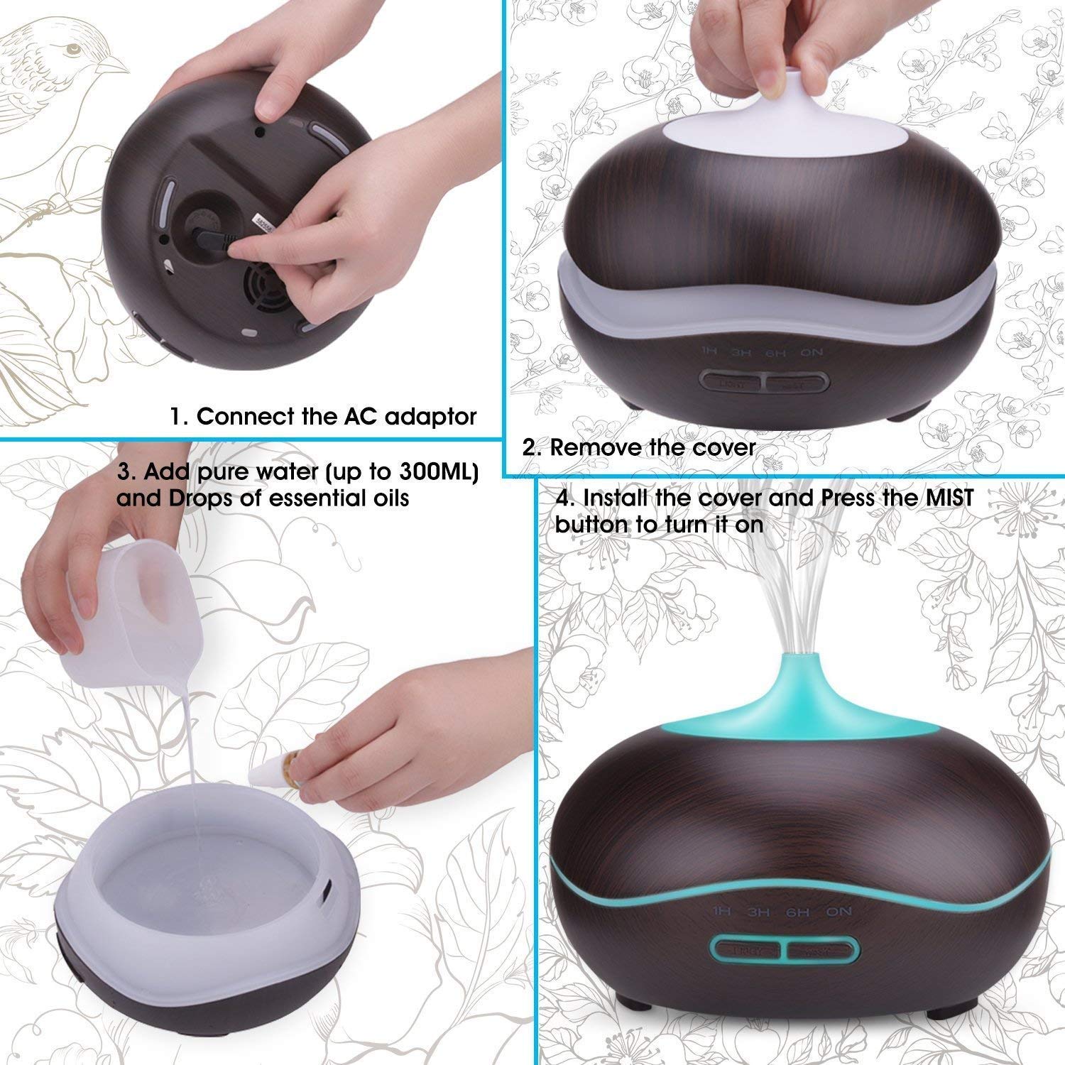 Essential Oil Diffuser, Cool Mist Ultrasonic Aroma Diffuser, Air Humidifier Wood Grain with Waterless Automatically Shut-off for Office Home Yoga Spa-Black …