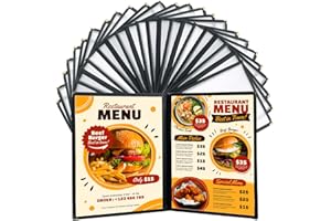 FLKQC 25 Pack Menu Covers 8.5 x 11", 2 Page 4 View Restaurant Recipe Menu Covers Transparent Double Stitched Menu Covers for Kitchen, Drink, Wine Menu Covers Black (25, 8.5"x 11" (2 Page, 4 View))