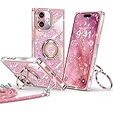 XYZ for iPhone 16 Case, Glitter Bling Phone Cover with 2-Ring Heart Stand & Lanyard, Women Girls Luxury Rhinestone Shockproof Protective Case for iPhone 16, Pink