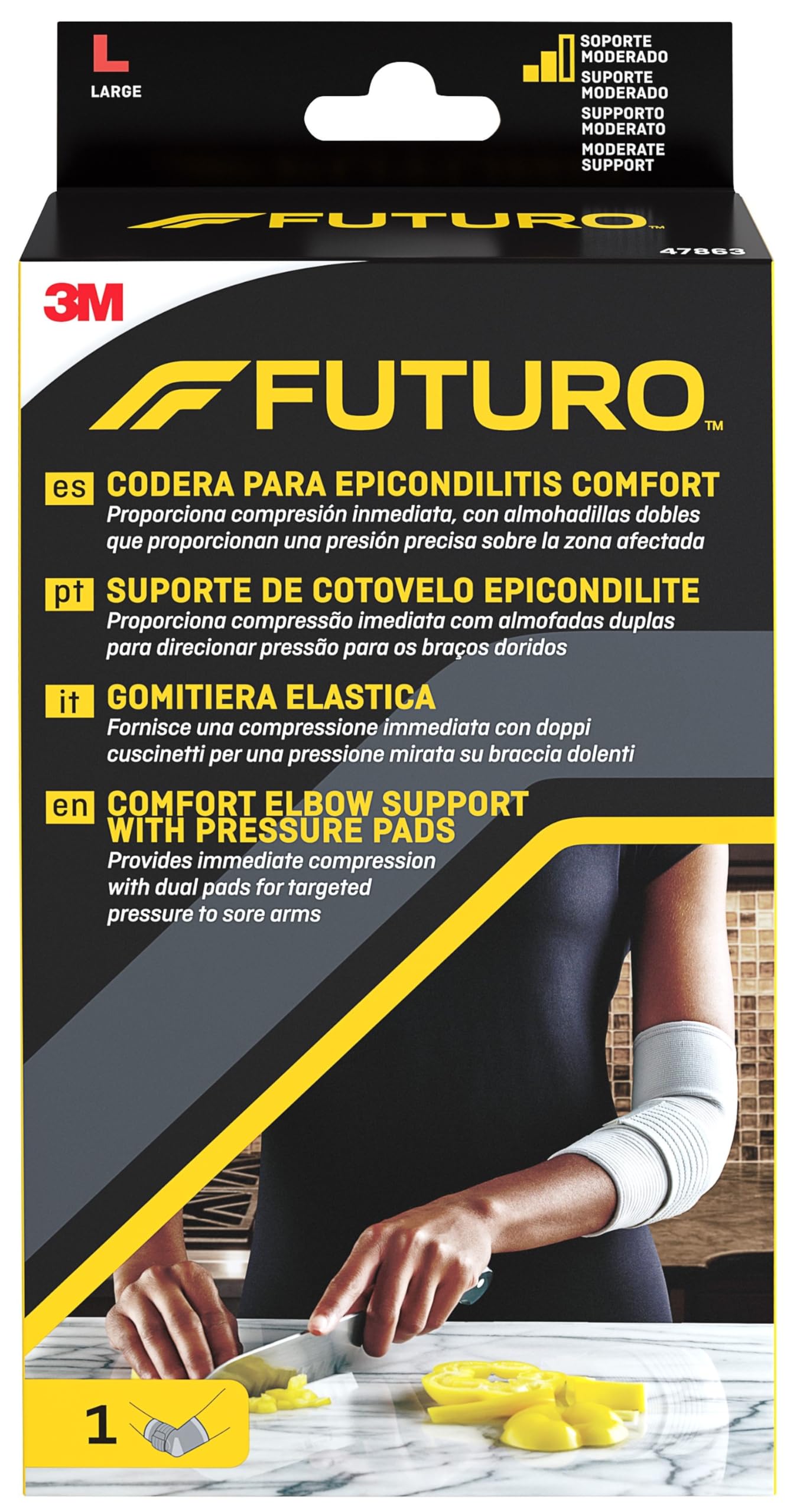 FUTURO Comfort Elbow Support with Pressure Pads, Large (27.9-30.5 cm) – Provides Immediate Compression, with Dual Pads for Targeted Pressure to Sore Elbows, Adjustable Strap, Breathable