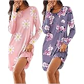 Ekouaer Women's 2 Pack Sleepshirt Dress Comfortable Nightshirt Nightgown Long Sleeve Button Down Sleepwear