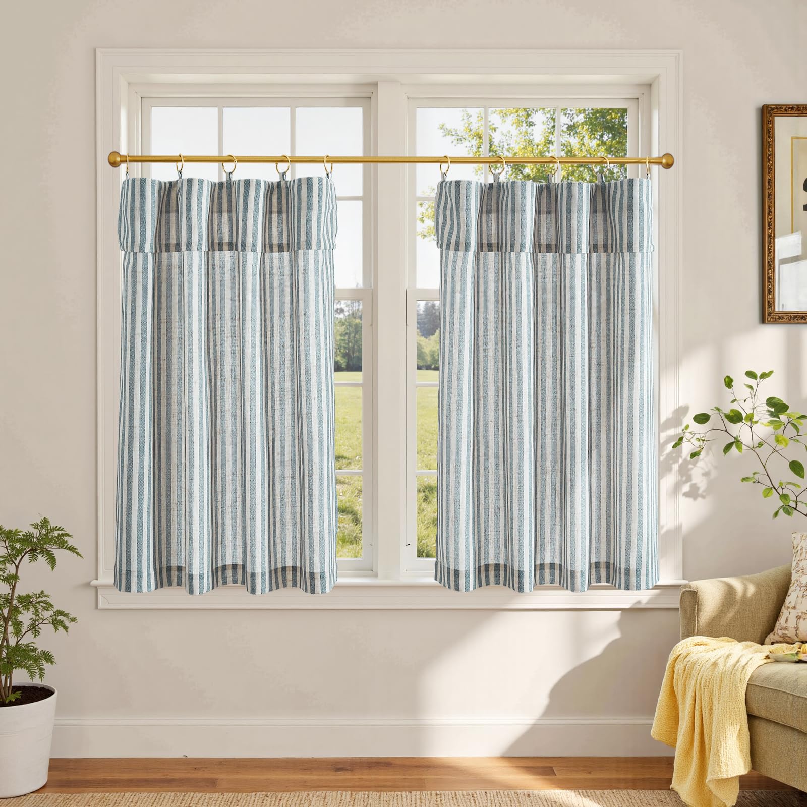 Photo 1 of jinchan Striped Linen Kitchen Curtains with Attached Valance 36 Inch Length Pinstripe Cafe Tier Curtains for Living Room Rustic Half Window Light Filtering Rod Pocket Small Drapes 2 Panels Blue