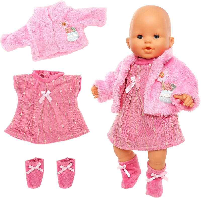 Miunana Sweet Doll Clothes 14-17 inch Pink Pluffy Coat Dress Socks